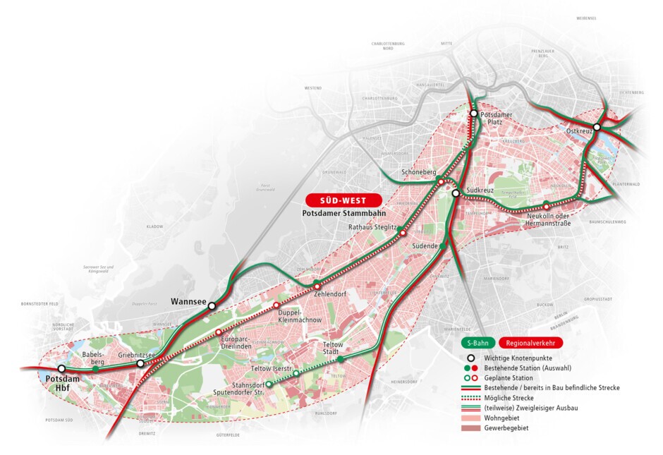 Übersichtskarte Südwest: Potsdamer Stammbahn + Südlicher Berliner Innenring Übersichtskarte Südwest: Potsdamer Stammbahn + Südlicher Berliner Innenring